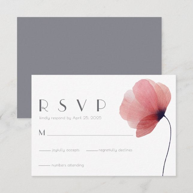Elegant Minimalist Watercolor Poppy Wedding Grey RSVP Card (Front/Back)