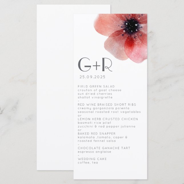 Elegant Minimalist Watercolor Poppy Wedding Menu (Front/Back)