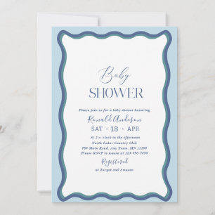 Elegant Minimalist Wavy Hot Blue  Watercolor Baby  Invitation