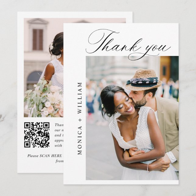 Elegant Minimalist Wedding 2 Photo QR code Thank You Card (Front/Back)
