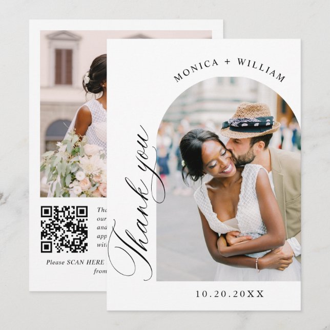 Elegant Minimalist Wedding 2 Photo QR code Thank You Card (Front/Back)