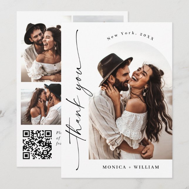 Elegant Minimalist Wedding 5 Photo QR code Thank You Card (Front/Back)
