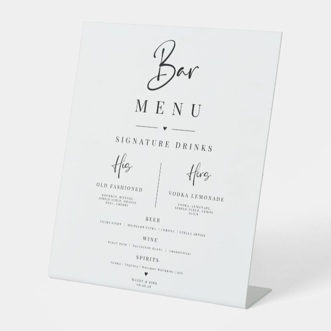 Elegant Minimalist Wedding Bar Menu Sign | table (Front)