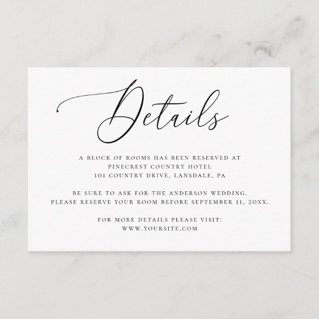 Elegant Minimalist Wedding Details with Script Enclosure Card (Front)