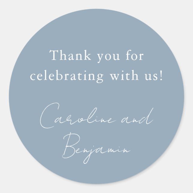 Elegant Minimalist Wedding Dusty Blue Thank You Classic Round Sticker (Front)