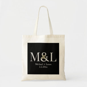 elegant minimalist wedding floral monogram black tote bag