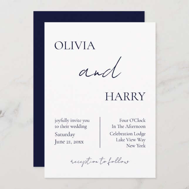 Elegant Minimalist Wedding Invitation Navy White (Front/Back)