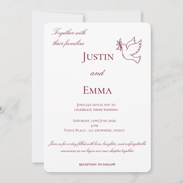 Elegant Minimalist Wedding Invitation with Dove (Back)