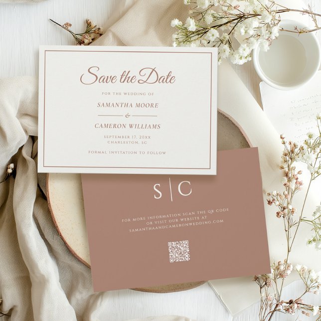 Elegant Minimalist Wedding Monogram QR Code Brown Save The Date (Creator Uploaded)