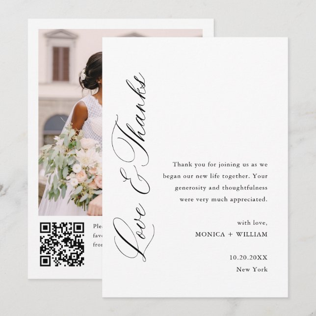 Elegant Minimalist Wedding Photo QR code Thank You Card (Front/Back)