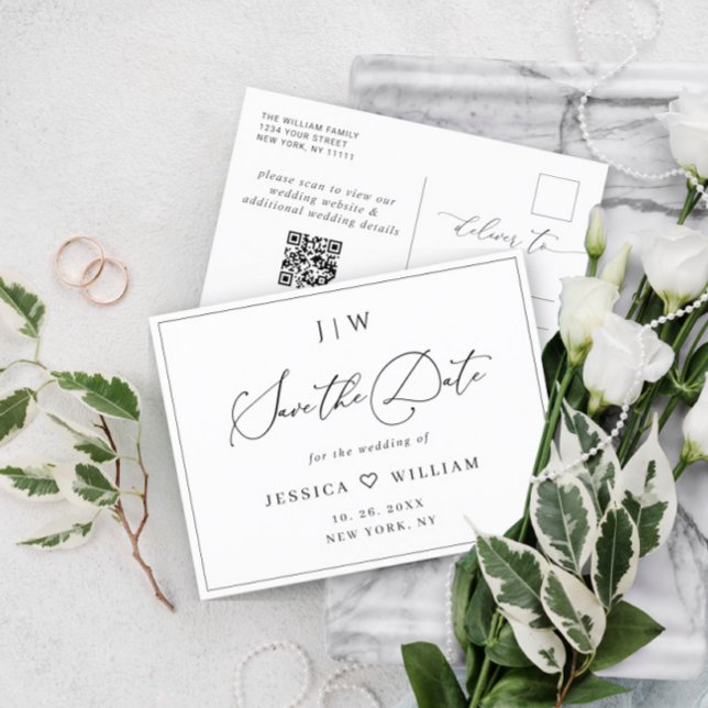 Elegant Minimalist Wedding Save the Date QR code Postcard (Creator Uploaded)