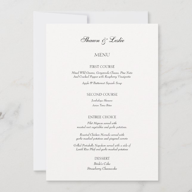 Elegant Minimalist Wedding Three Course Menu Invitation (Front)