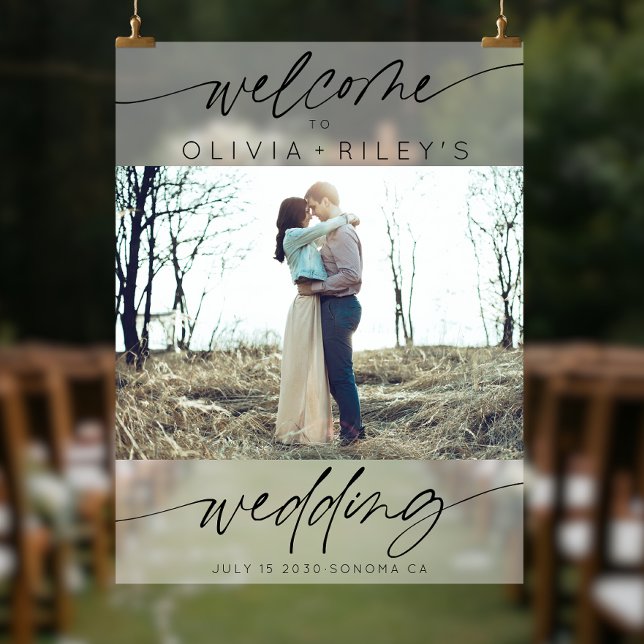 Elegant Minimalist Wedding Welcome Frosted Photo Acrylic Sign (Creator Uploaded)