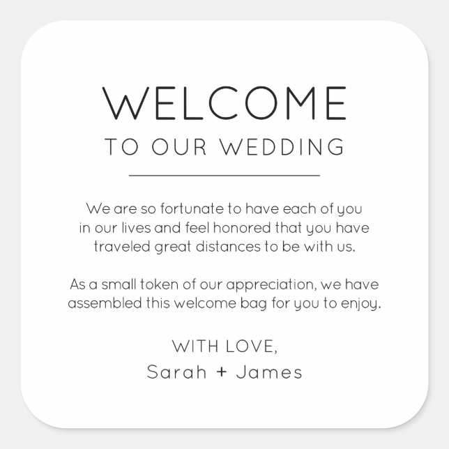 Elegant Minimalist Welcome To Our Wedding Bag Square Sticker (Front)