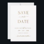 Elegant Minimalist White and Gold, Wedding Save The Date<br><div class="desc">Elegant and simple, white and gold Wedding Save the Date card with beautiful modern hand written calligraphy details. Modern, elegant minimalist style. Note: typography is not in real foil, but rather print in a golden hue, "Save", "Date" and "and" made with faux foil image. Back in white background which can...</div>