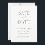 Elegant Minimalist White and Gold, Wedding Save The Date<br><div class="desc">Elegant and simple, white and gold Wedding Save the Date card with beautiful modern hand written calligraphy details. Modern, elegant minimalist style. Note: typography is not in real foil, but rather print in a golden hue, "Save", "Date" and "and" made with faux foil image. Back in white background which can...</div>