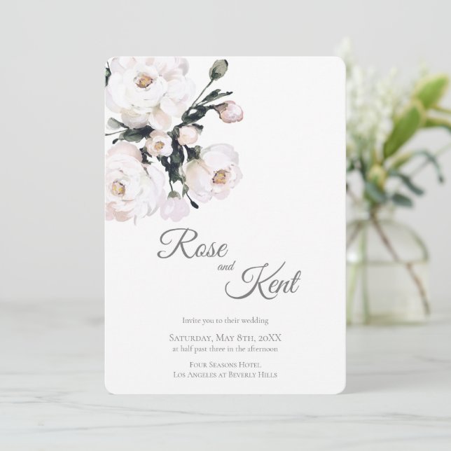 Elegant Minimalist White Floral Wedding Invitation (Standing Front)