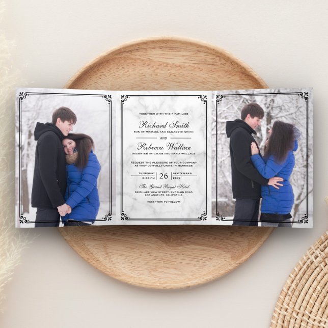 Elegant Minimalist White Marble Photo Wedding Tri-Fold Invitation (Creator Uploaded)