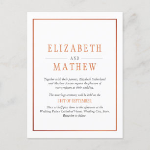 Elegant Minimalist White Orange Copper Wedding Invitation Postcard