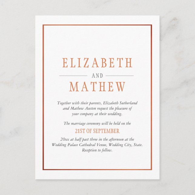 Elegant Minimalist White Orange Copper Wedding Invitation Postcard (Front)