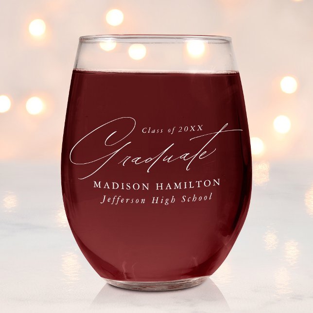 Elegant Minimalist White Script Graduation Stemless Wine Glass (Creator Uploaded)