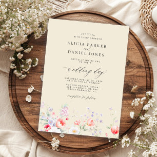 Elegant minimalist wildflower floral beige wedding invitation