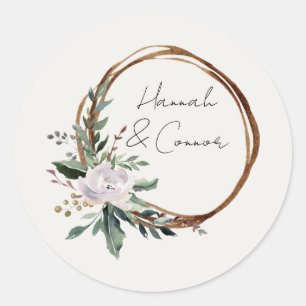 Elegant Minimalist Winter Wreath White Green Classic Round Sticker