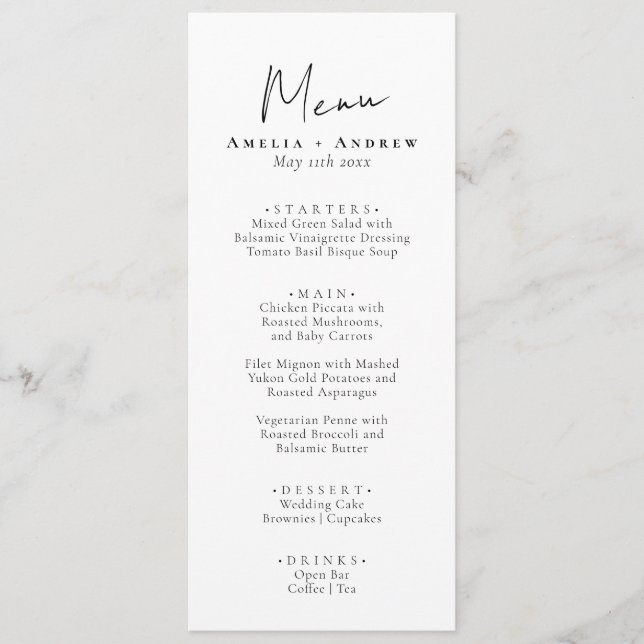 Elegant Minimalistic Wedding Reception Dinner  Menu (Front)