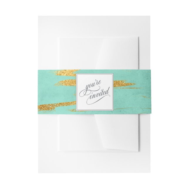 Elegant Mint and Gold Marble Pattern Wedding Invitation Belly Band (Front Example)