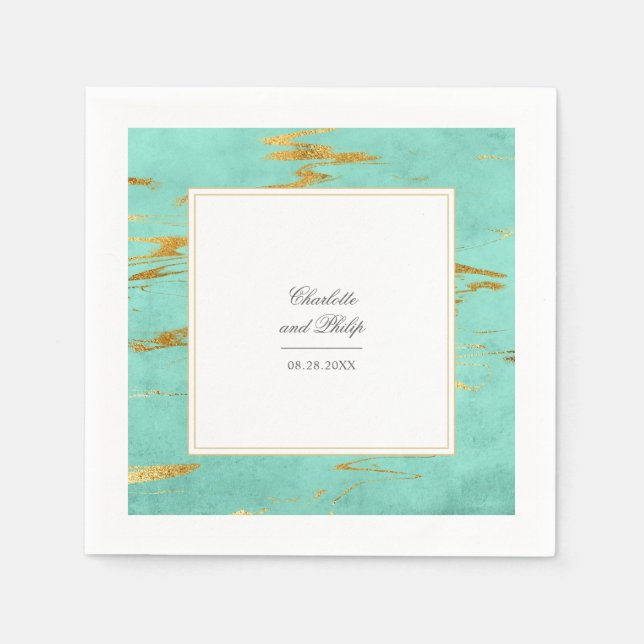 Elegant Mint and Gold Marble Pattern Wedding Napkin (Front)
