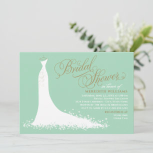 Elegant Mint and Gold Wedding Gown Bridal Shower Invitation