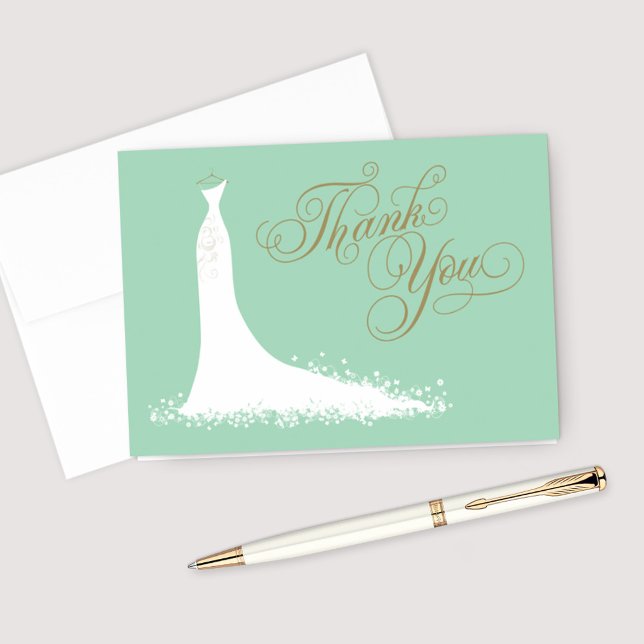 Elegant Mint and Gold Wedding Gown Bridal Shower Thank You Card (Creator Uploaded)