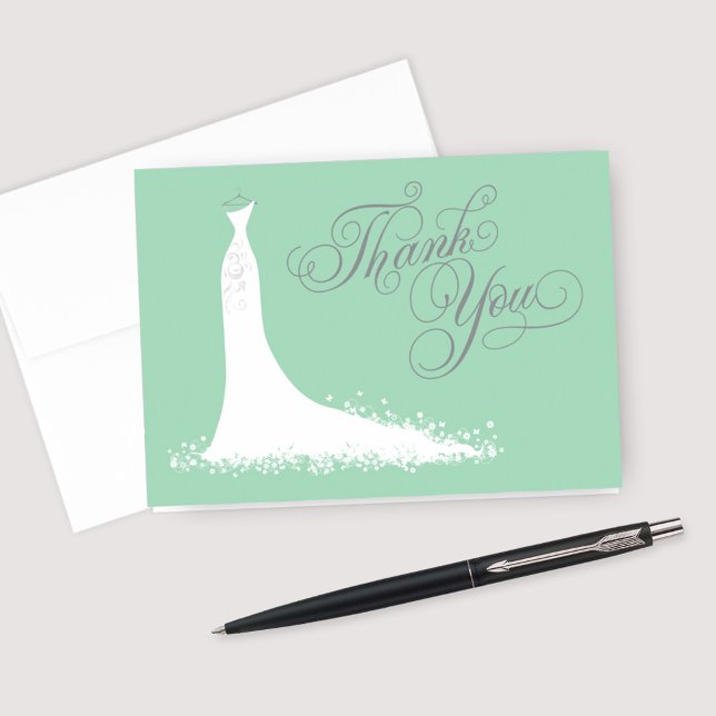 Elegant Mint and Grey Wedding Gown Bridal Shower Thank You Card (Creator Uploaded)