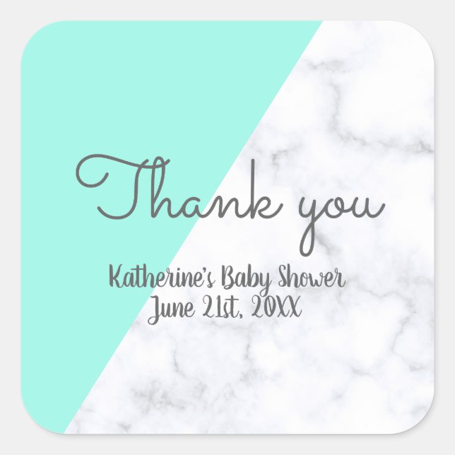 Elegant mint and white marble baby shower square sticker (Front)