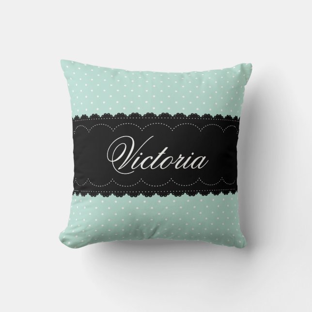 Elegant Mint Blue Polka Dot Black Lace Custom Name Cushion (Front)