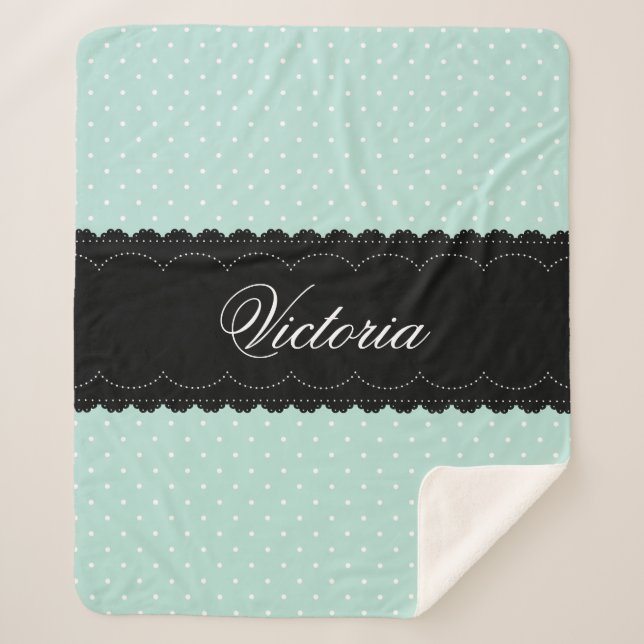 Elegant Mint Blue Polka Dot Black Lace Custom Name Sherpa Blanket (Front)