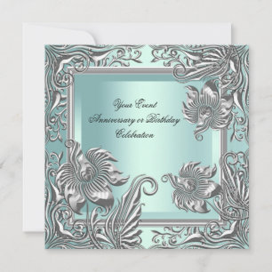 Elegant Mint Blue Silver Floral Party Invitation