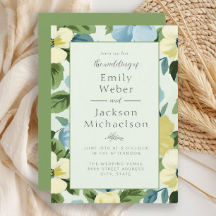 Elegant Mint Blue Yellow Floral Wedding Invitation
