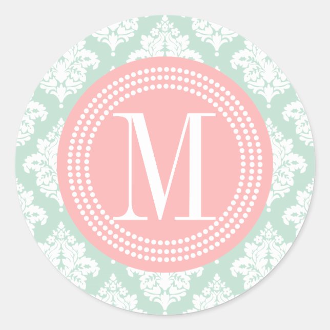 Elegant Mint Damask Personalised Classic Round Sticker (Front)