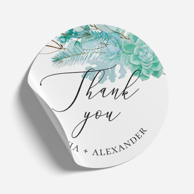 Elegant mint floral succulents wedding thank you classic round sticker (Creator Uploaded)