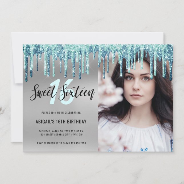 Elegant mint glitter drips sweet sixteen invitatio invitation (Front)