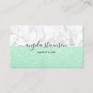 Elegant mint glitter white marble makeup & hair business card