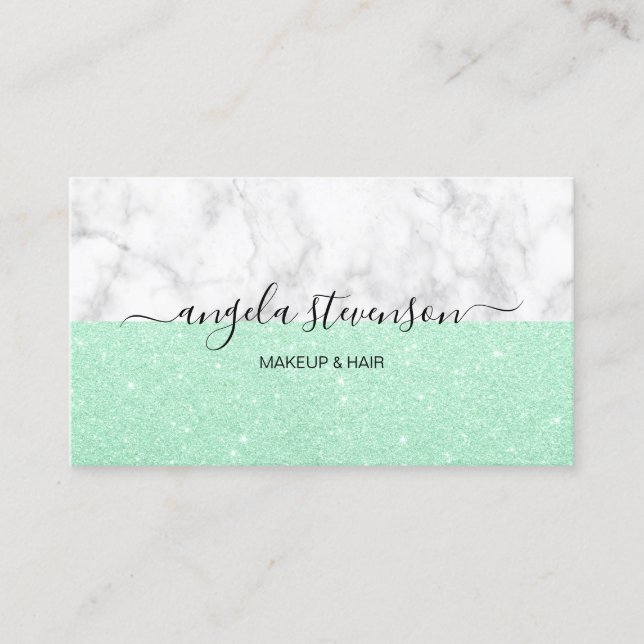 Elegant mint glitter white marble makeup & hair business card (Front)