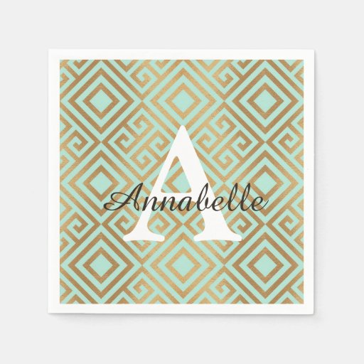 Image of Elegant Mint Gold Glam Geometric Monogram Birthday Disposable Napkin
