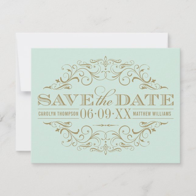Elegant Mint Gold Ornate Flourish Wedding Save The Date (Front)