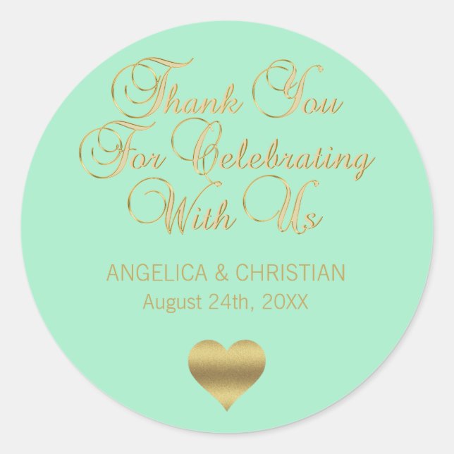 Elegant MINT Gold Thank you Wedding Classic Round Sticker (Front)