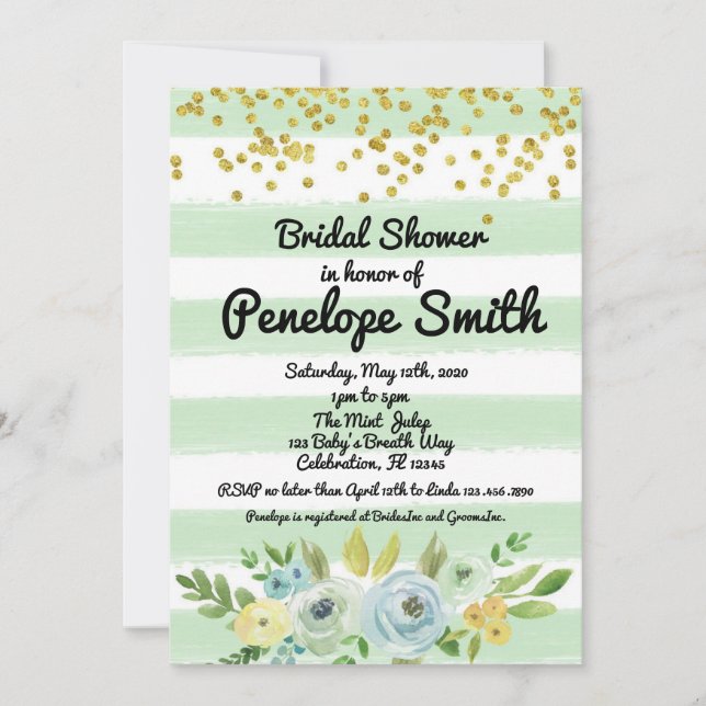 Elegant Mint Green and Gold Floral Bridal Shower Invitation (Front)