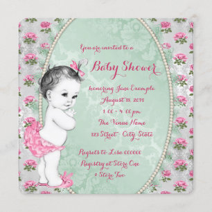 Elegant Mint Green and Pink Rose Baby Girl Shower Invitation