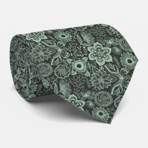 Elegant Mint-Green & Black Retro Floral Lace Tie