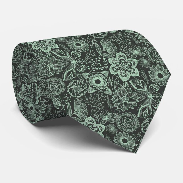 Elegant Mint-Green & Black Retro Floral Lace Tie (Rolled)